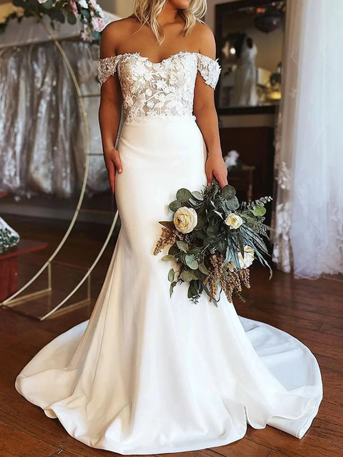 Elegant Long Mermaid Off the Shoulder Satin Lace Wedding Dresses (ZD15774)