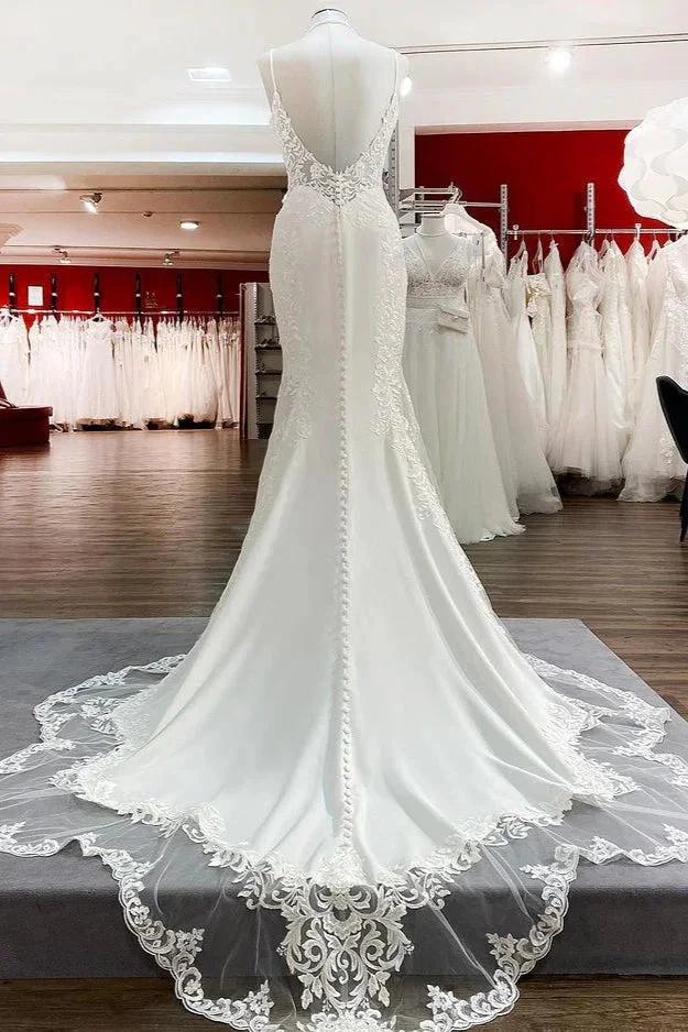 Elegant Long Mermaid Spaghetti Straps Lace Satin Open Back Wedding Dress (ZD15252)
