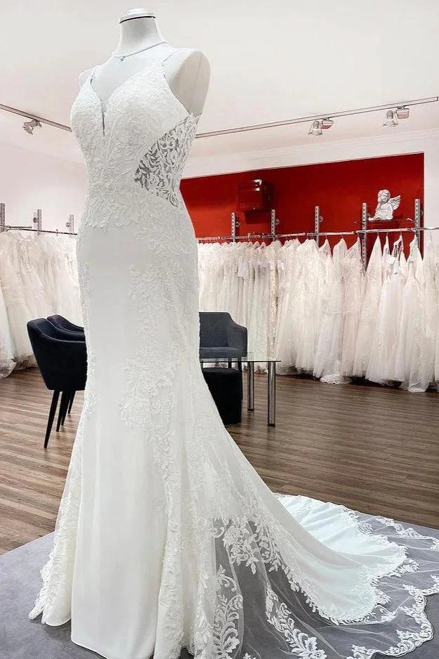Elegant Long Mermaid Spaghetti Straps Lace Satin Open Back Wedding Dress (ZD15252)