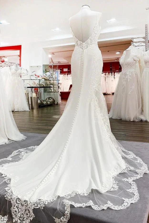 Elegant Long Mermaid Spaghetti Straps Lace Satin Open Back Wedding Dress (ZD15252)