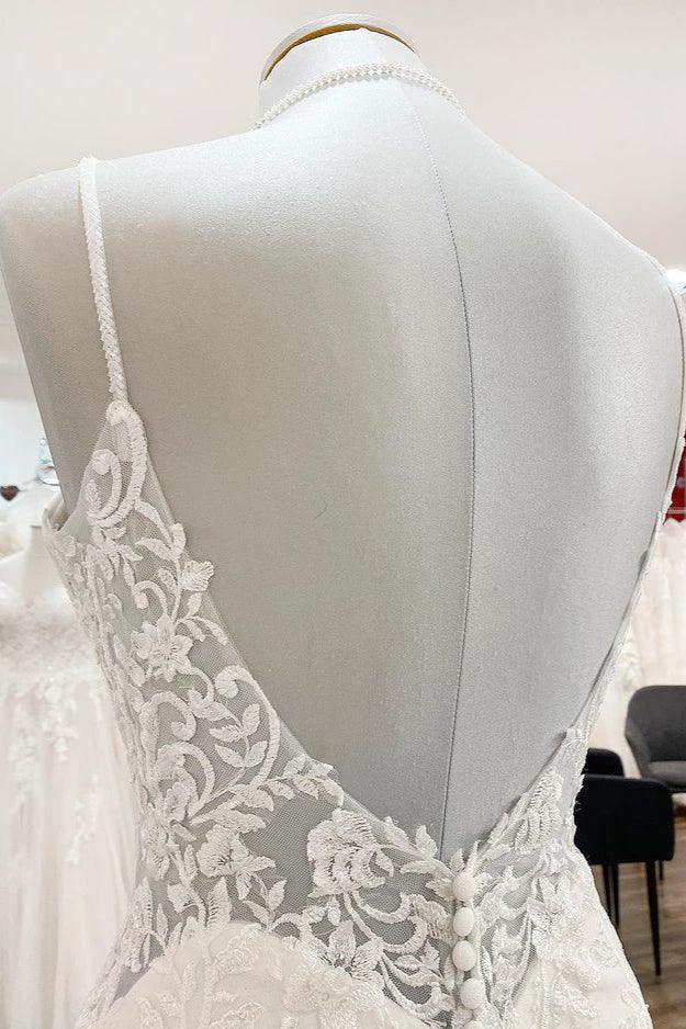 Elegant Long Mermaid Spaghetti Straps Lace Satin Open Back Wedding Dress (ZD15252)