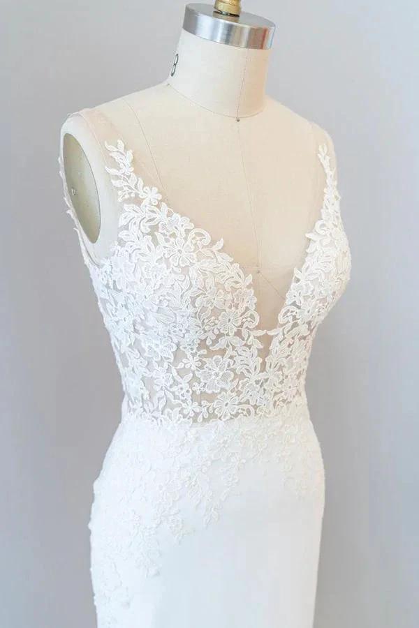 Elegant Long Mermaid V-neck Lace Backless Wedding Dress (ZD14376)
