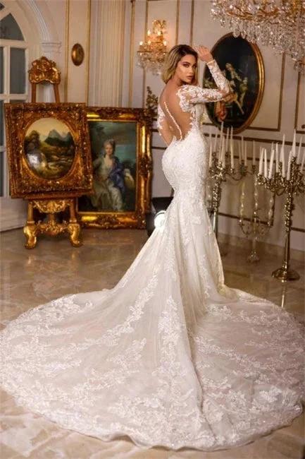 Elegant Long Mermaid V-neck Lace Wedding Dresses With Long Sleeves (ZD16518)