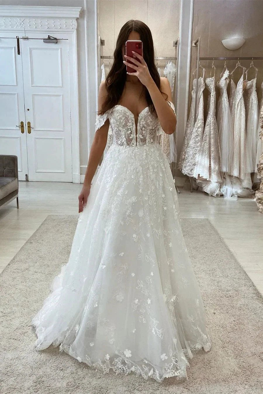 Elegant Long Off-the-shoulder V-neck Sleeveless Wedding Dress With Lace (ZD14553)