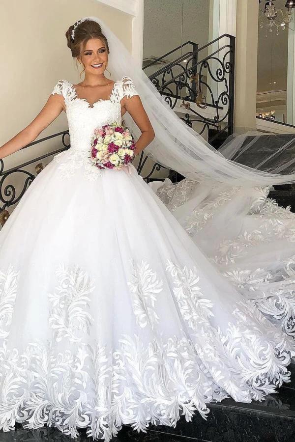 Elegant Long Princess Tulle Lace Wedding Dress with Cap Sleeves (ZD15025) - VelvetHem