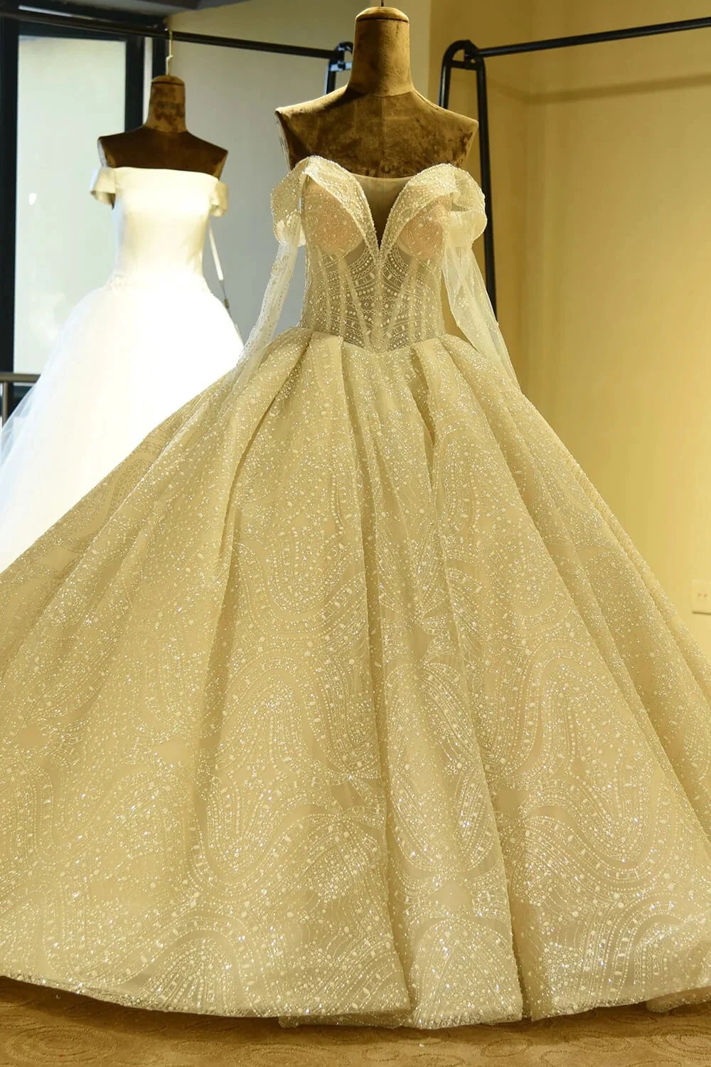 Elegant Long Sleeve Sweetheart Lace-up Ivory Tulle Ball Gown Wedding Dress by misshow.com