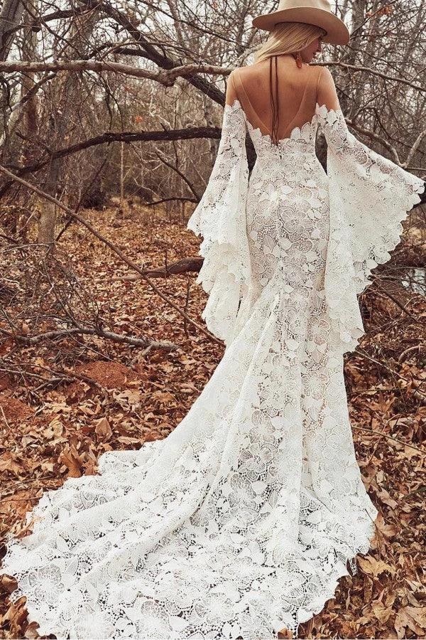 Elegant Long Sleeves Mermaid Lace Backless Wedding Dresses (ZD14343)