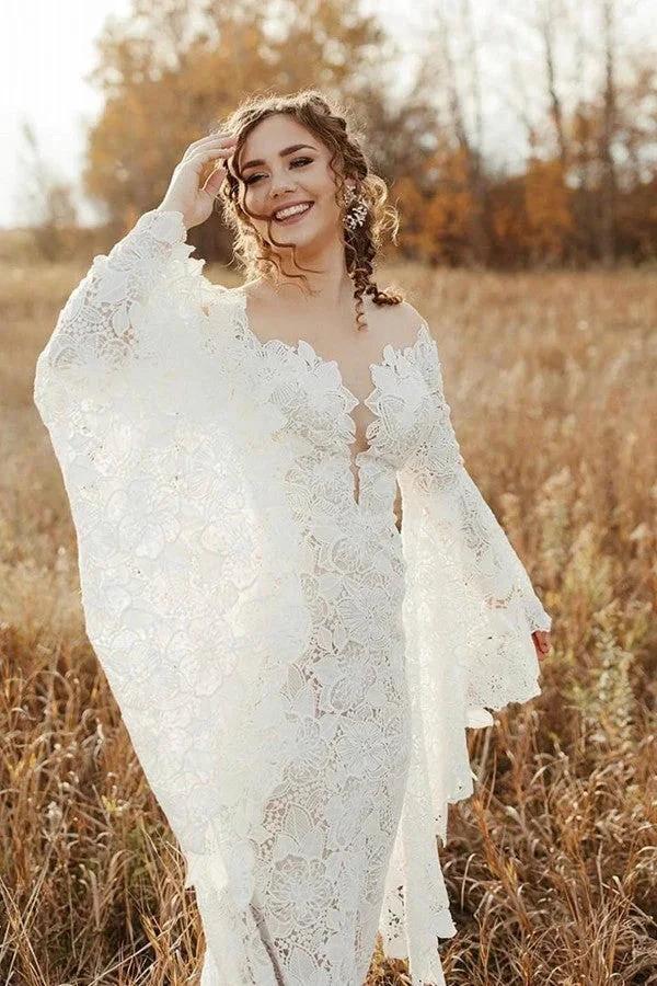 Elegant Long Sleeves Mermaid Lace Backless Wedding Dresses (ZD14343)