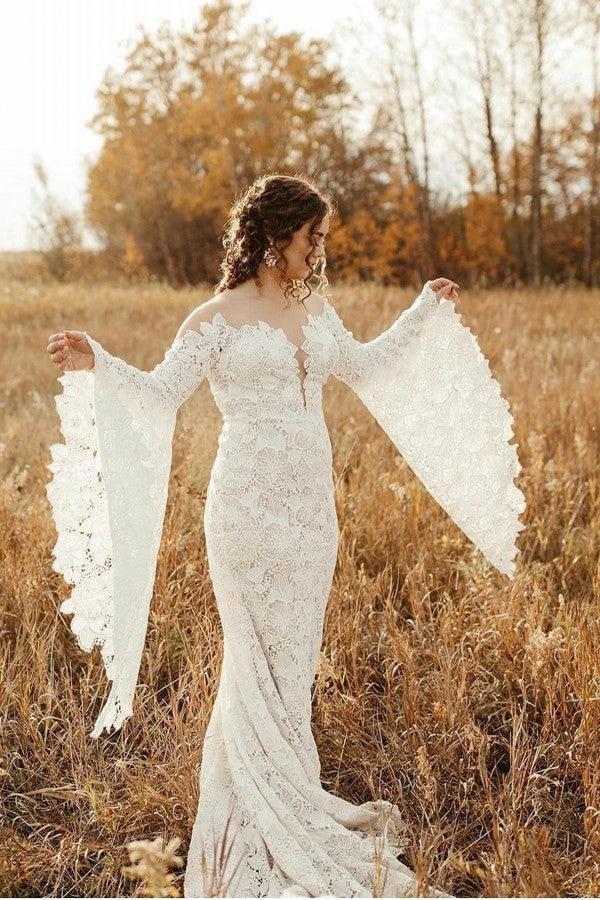 Elegant Long Sleeves Mermaid Lace Backless Wedding Dresses (ZD14343)