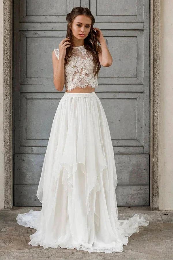 Elegant Long Two Piece A-line Lace Chiffon Wedding Dress (ZD14365)