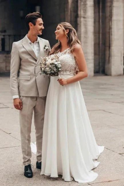 Elegant Long White A-line Lace Chiffon Sleeveless Backless Wedding Dress (ZD16620)