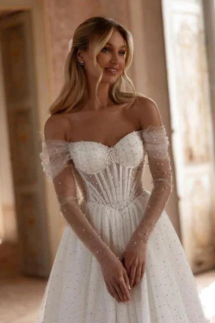 Elegant Long White A-line Off-the-shoulder Tulle Rhinestones Pearls Wedding Dress (ZD16647)