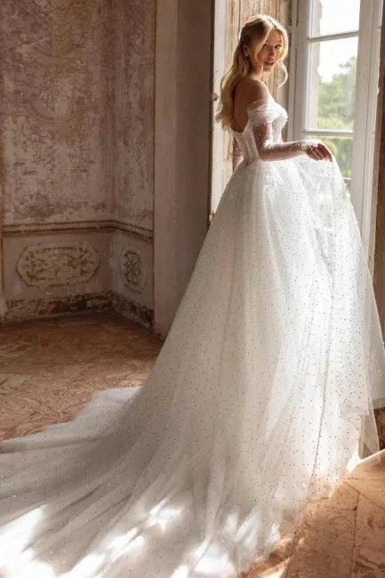 Elegant Long White A-line Off-the-shoulder Tulle Rhinestones Pearls Wedding Dress (ZD16647)