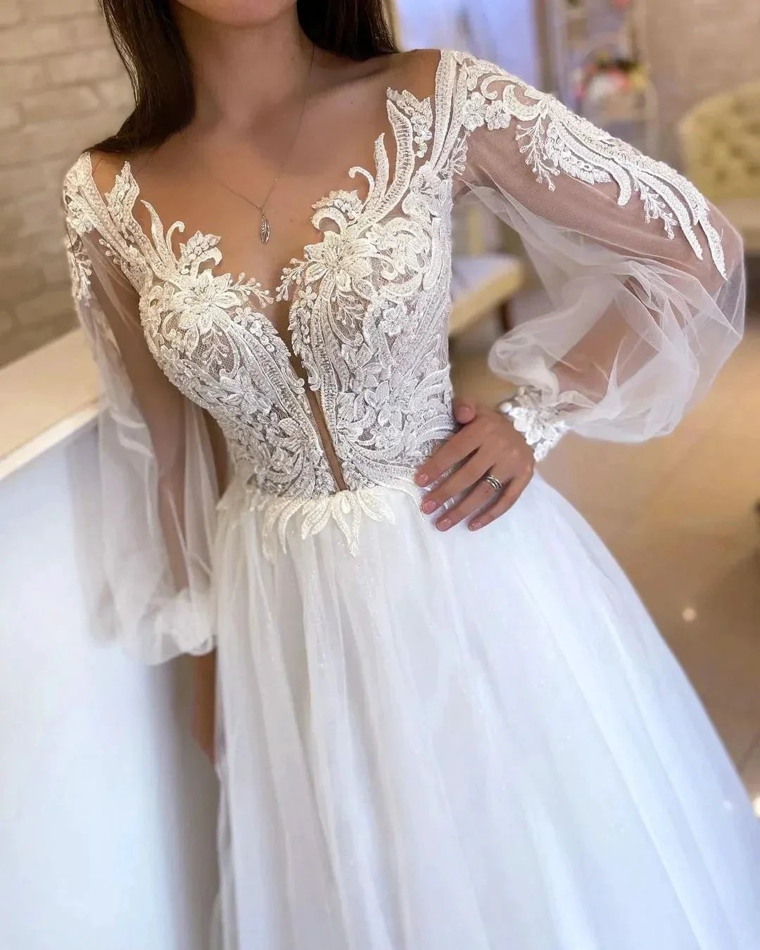 Elegant Long White A-line V-neck Tulle Long Sleeves Wedding Dress With Lace (ZD14811)
