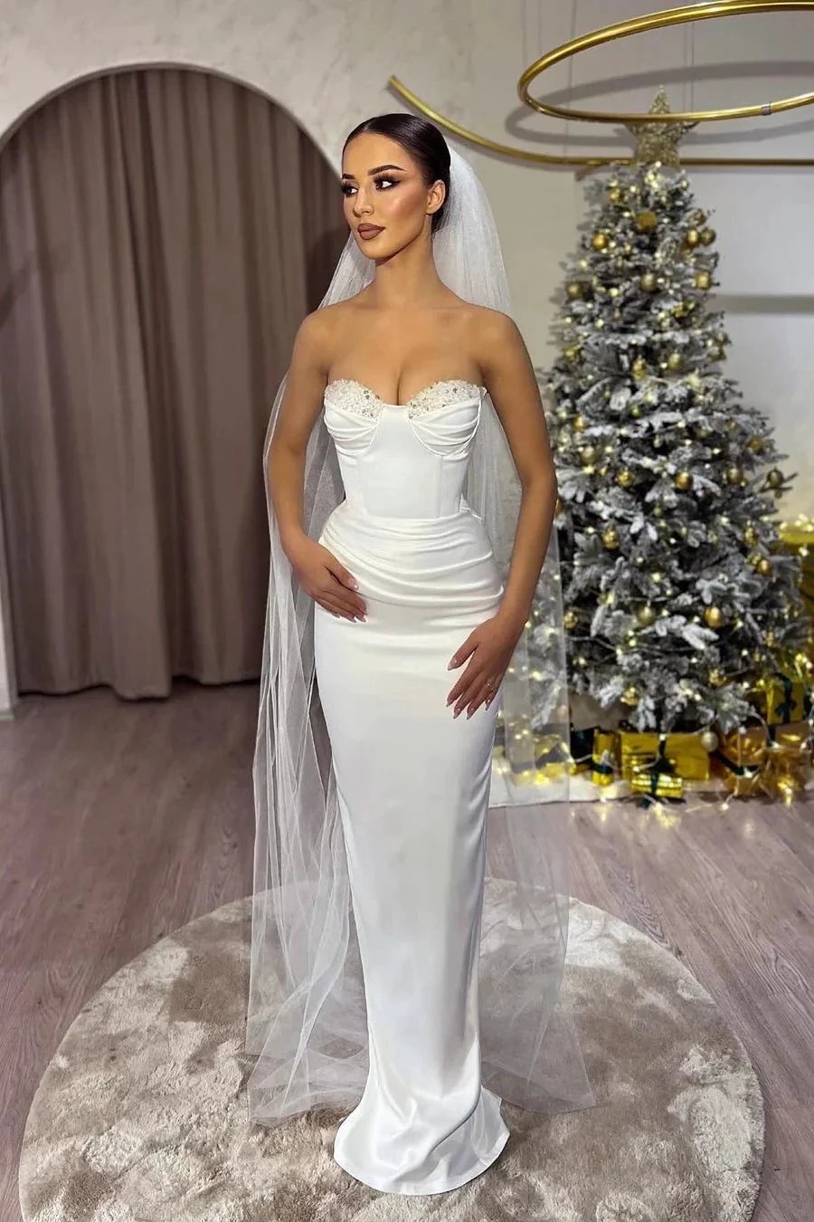 Elegant Long White Column Sleeveless Beading Floor-Length Wedding Dress (ZD15707) - VelvetHem