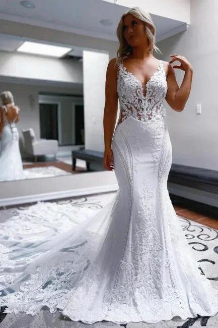 Elegant Long White Mermaid Straps V-neck Backless Wedding Dress with Lace (ZD15598) - VelvetHem