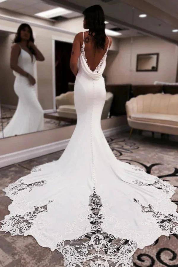 Elegant Long White Mermaid V-neck Spaghetti Straps Backless Wedding Dress with Lace (ZD15508)