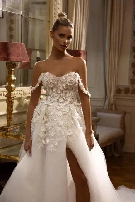 Elegant Long White Off-the-shoulder A-line Lace Wedding Dresses With Slit (ZD14897)