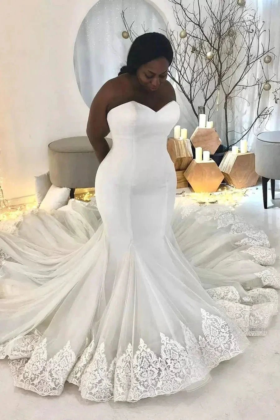 Elegant Long White Sleeveless Lace Sweetheart Mermaid Wedding Dress (ZD16508)