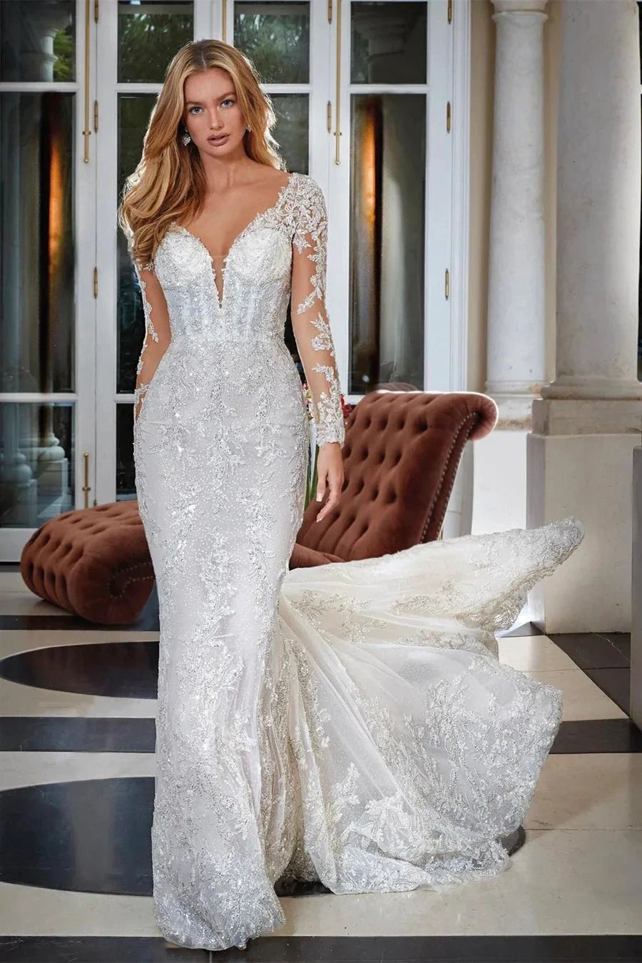 Elegant Mermaid V-neck Lace Backless Appliques Wedding Dress With Long Sleeves (ZD14583)