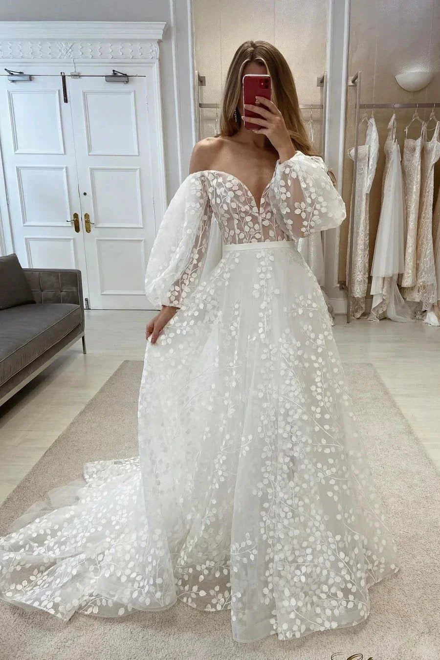 Elegant Off-the-shoulder A-line V-neck Appliques Wedding Dress With Long Sleeves (ZD14563)