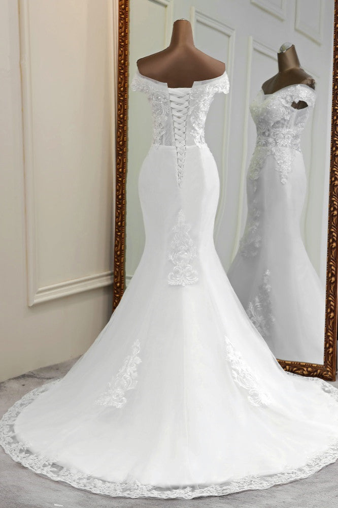 Elegant Off-the-Shoulder Sleeveless White Mermaid Wedding Dresses with Beadings (ZD17424)