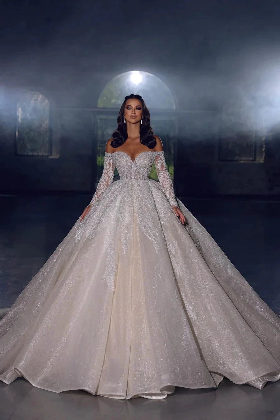 Elegant Princess A-line Off-the-shoulder Lace Appliques Wedding Dress With Long Sleeves (ZD14523) - VelvetHem