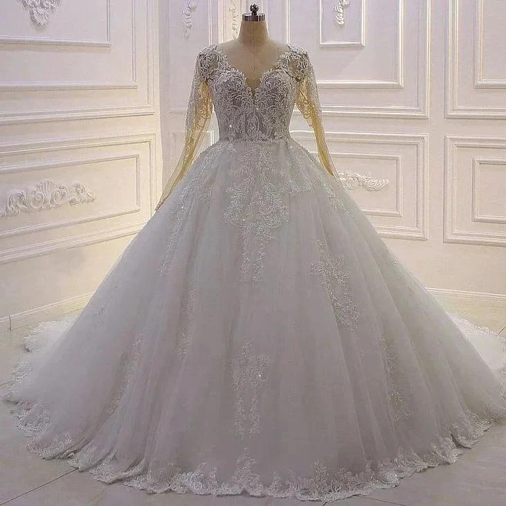 Elegant Princess A-line Tulle V-neck Lace Wedding Dress With Long Sleeves (ZD14538)