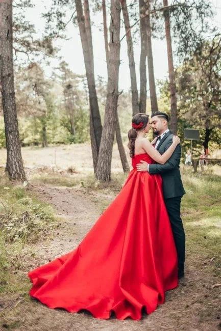 Elegant Red A-Line One Shoulder Satin Sleeveless Wedding Dresses (ZD14919)