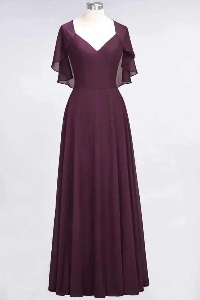 Elegant Satin V-Neck Short Sleeve Princess Bridesmaid Dress Ruffle Chiffon Wedding Guest Dress (ZD13100) - VelvetHem