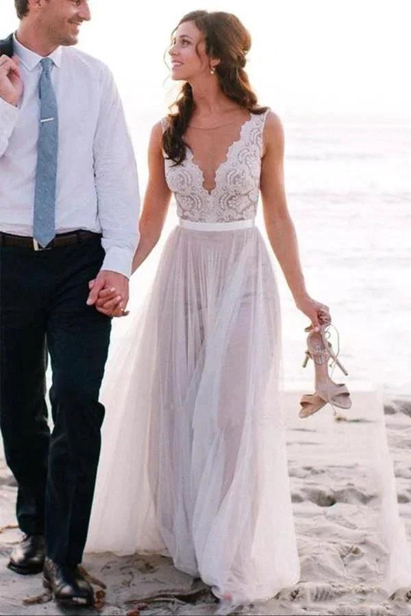 Elegant Scoop Neck Lace A Line Tulles Beach Wedding Dress (ZD16275) - VelvetHem