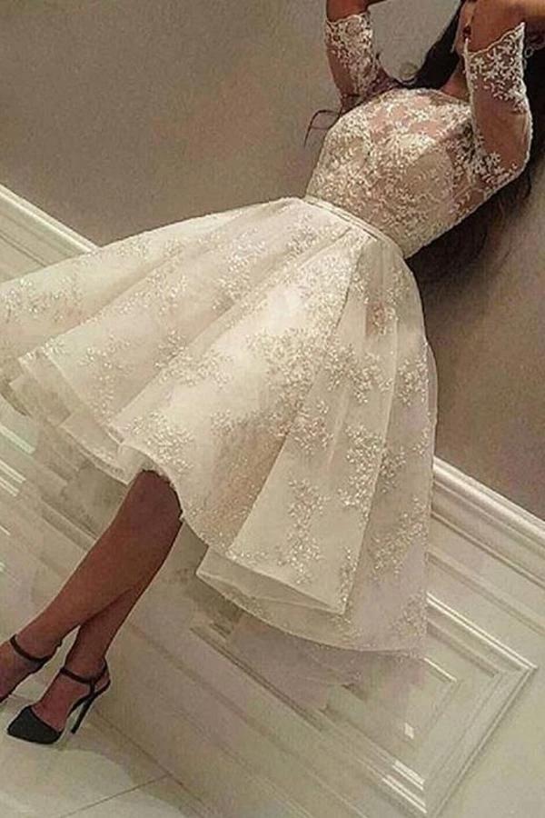 Elegant Short A-line Jewel Tulle Lace Wedding Dress with Sleeves (ZD15172)