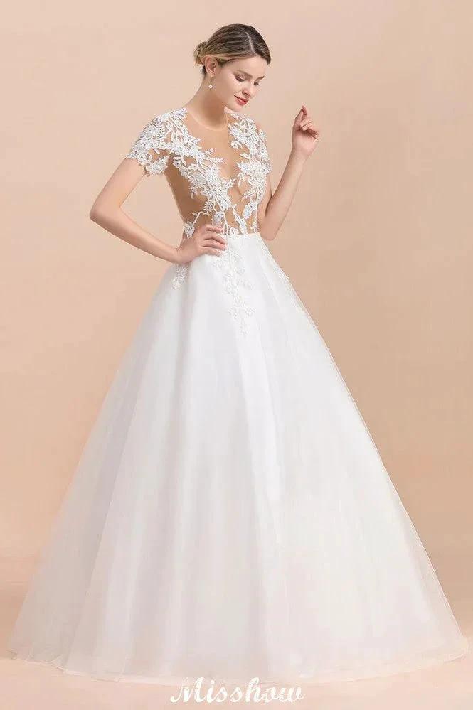 Elegant Short Sleeve Ball Gown White Lace Appliques Wedding Dress (ZD13989)