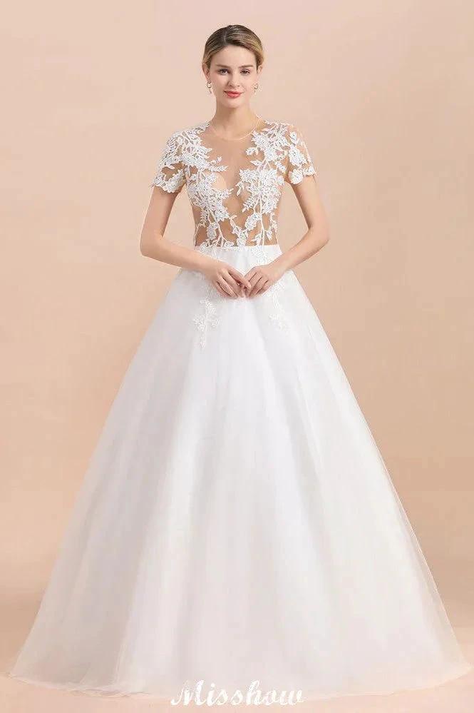 Elegant Short Sleeve Ball Gown White Lace Appliques Wedding Dress (ZD13989) - VelvetHem