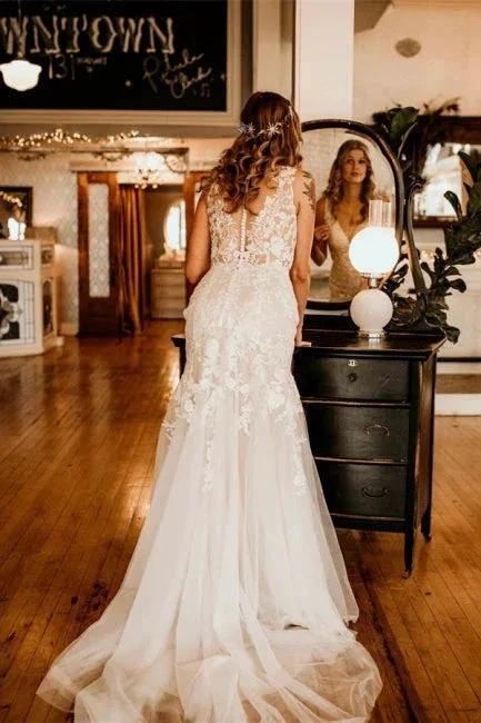 Elegant Sleeveless Straps V-neck A-Line Tulle Wedding Dress with Ruffles (ZD14938)