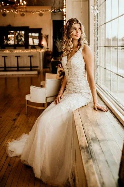 Elegant Sleeveless Straps V-neck A-Line Tulle Wedding Dress with Ruffles (ZD14938)
