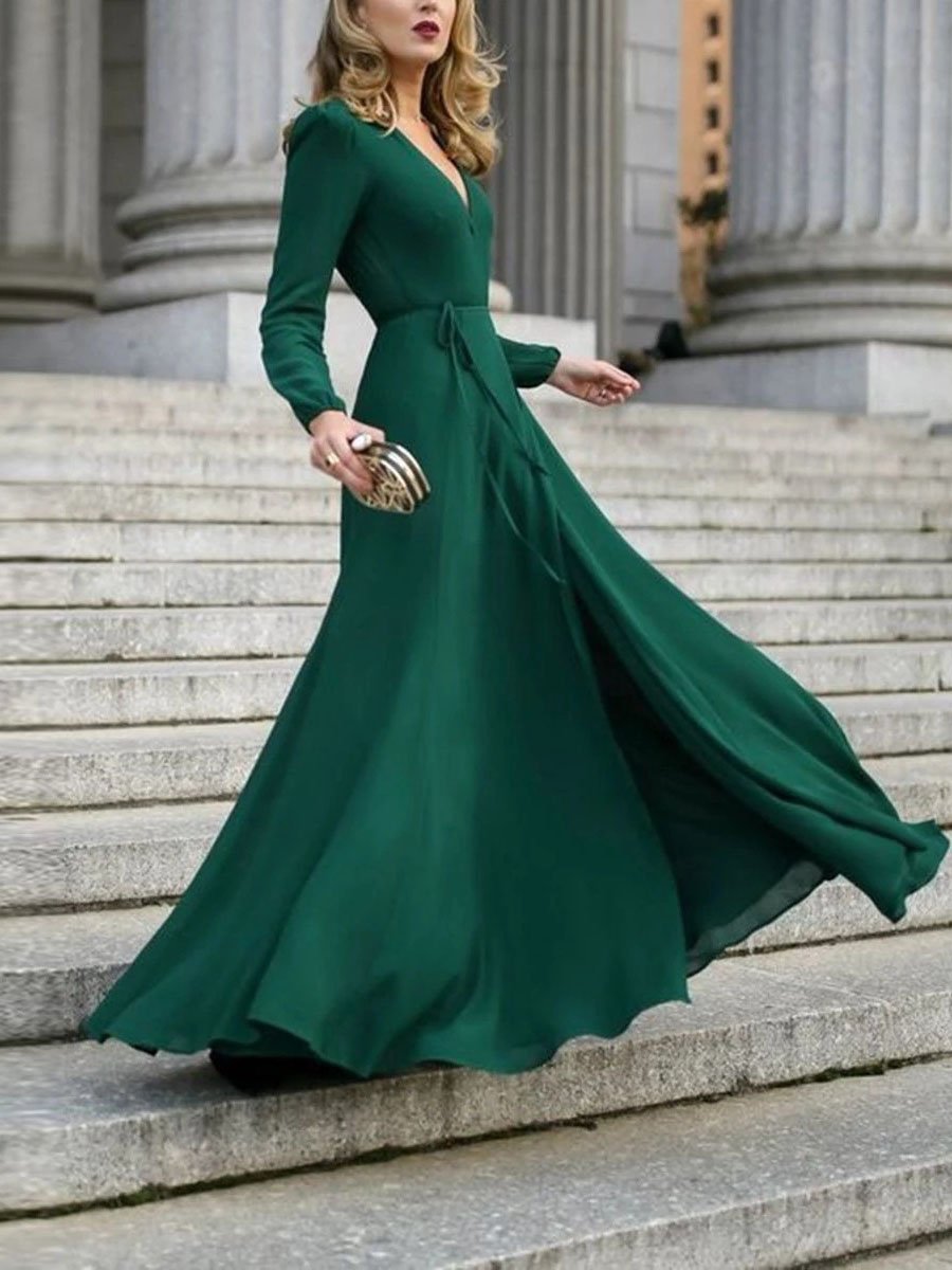 Elegant Solid V neck Lace up Dress
