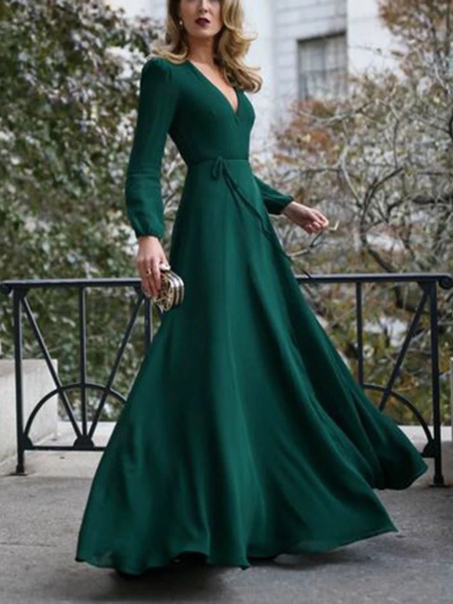 Elegant Solid V neck Lace up Dress