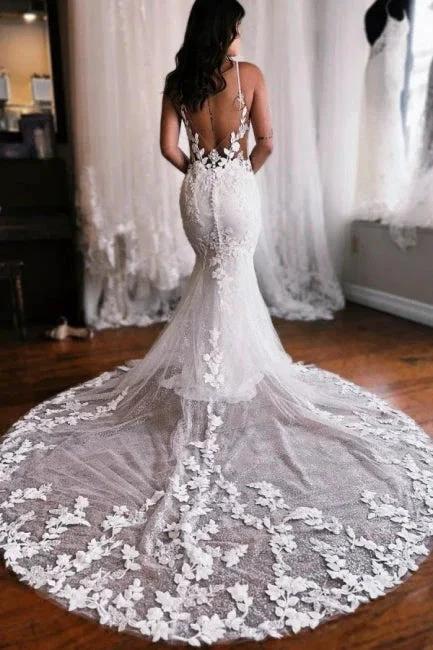 Elegant spaghetti straps sleeveless mermaid lace wedding dress (ZD14870)
