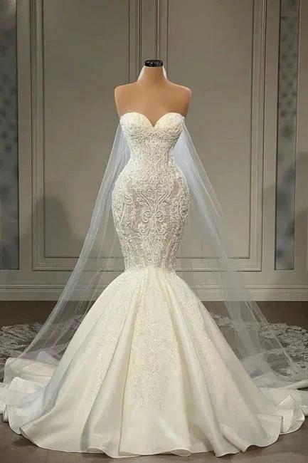 Elegant Strapless Sleeveless Mermaid Satin Floor-Length Wedding Dresses with Lace (ZD16416) - VelvetHem
