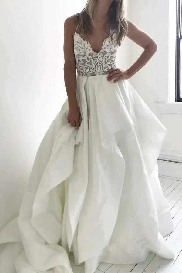 Elegant Straps Ivory Long Wedding Dress with Lace Top (ZD15471) - VelvetHem