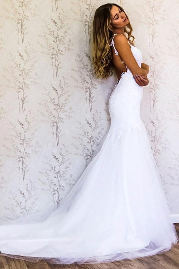 Elegant Straps Mermaid White Long Wedding Dress Bridal Gown (ZD15470) - VelvetHem