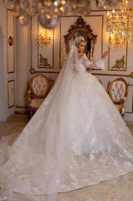 Elegant Sweetheart Long Sleeves Ball Gown Lace Wedding Gowns Bridal Dresses (ZD14977)