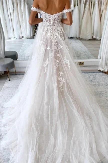 Elegant sweetheart off-the-shoulder cap sleeves a-line lace wedding dress (ZD14843)