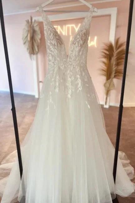 Elegant sweetheart V-neck sleeveless a-line lace Wedding dresses (ZD14865)