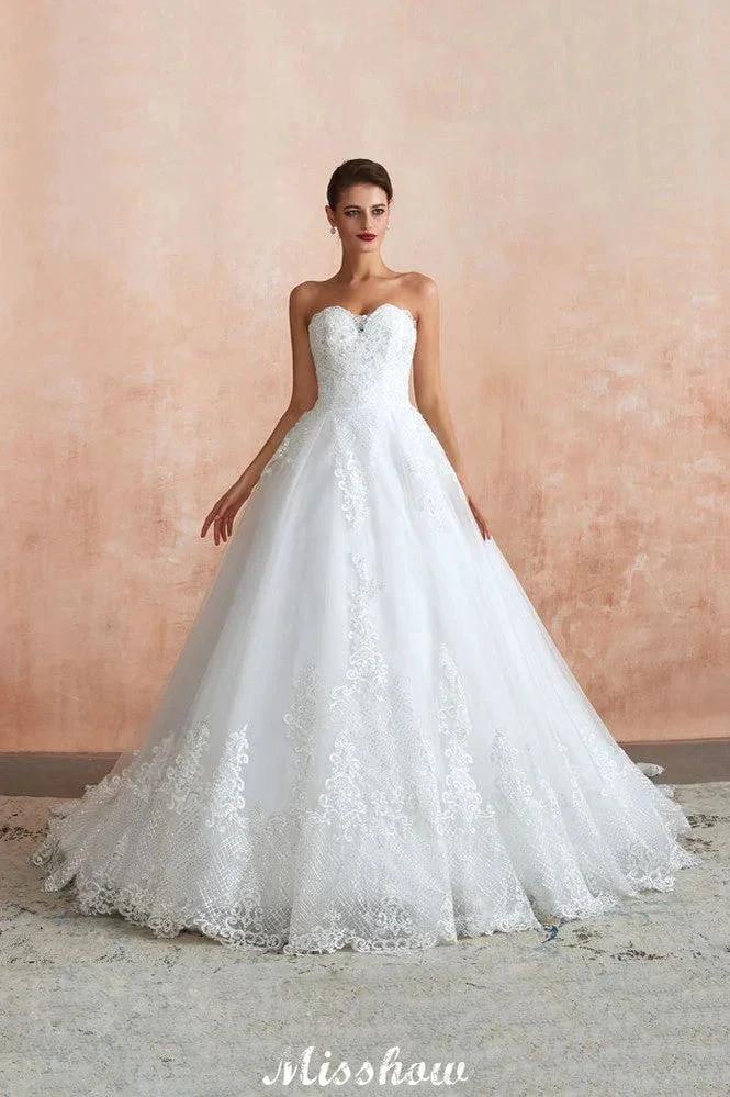 Elegant Sweetheart White Wedding Dress | Simple Tulle Beach Aline Ball Gown by misshow.com