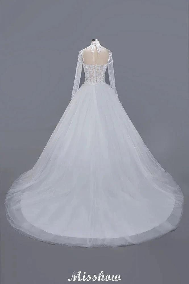 Elegant Tulle Lace Ball Gown High Neck Long Sleeves Floor Length Wedding Dress (ZD13991)