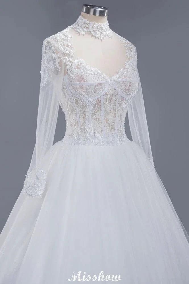 Elegant Tulle Lace Ball Gown High Neck Long Sleeves Floor Length Wedding Dress (ZD13991)