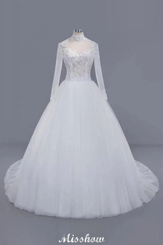 Elegant Tulle Lace Ball Gown High Neck Long Sleeves Floor Length Wedding Dress (ZD13991) - VelvetHem
