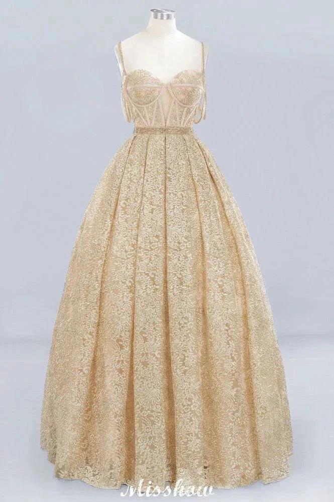 Elegant Tulle Lace Ball Gown Shaghetti Sweetheart Sleevless Wedding Dress by misshow.com